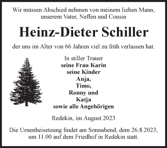 Traueranzeige von Heinz-Dieter Schiller von Volksstimme Burg/Genthin