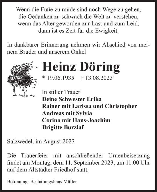 Traueranzeige von Heinz Döring von Volksstimme Altmark West