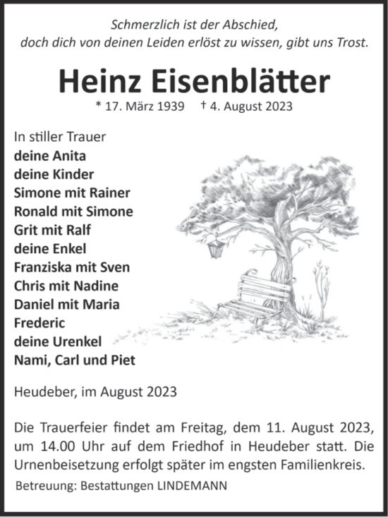 Traueranzeige von Heinz Eisenblätter von Volksstimme Wernigerode