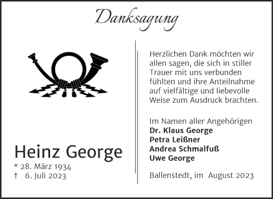 Traueranzeige von Heinz George von Trauerkombi Quedlinburg