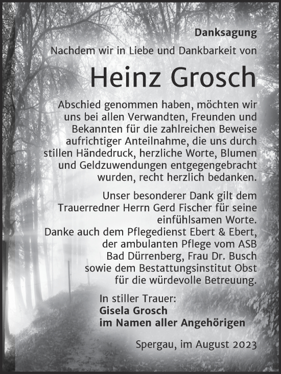 Traueranzeige von Heinz Grosch von Trauerkombi Merseburg