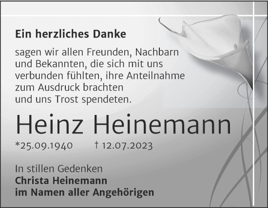 Traueranzeige von Heinz Heinemann von Trauerkombi Bitterfeld