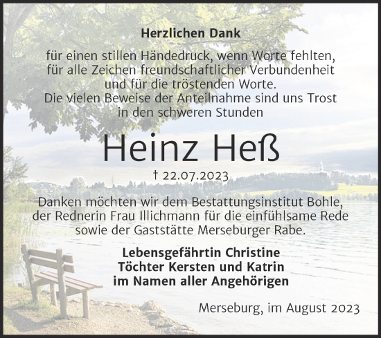 Traueranzeige von Heinz Heß von Trauerkombi Merseburg