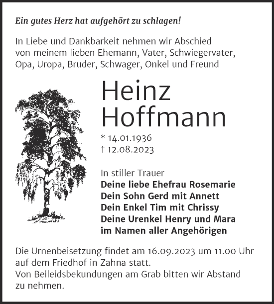 Traueranzeige von Heinz Hoffmann von Trauerkombi Wittenberg
