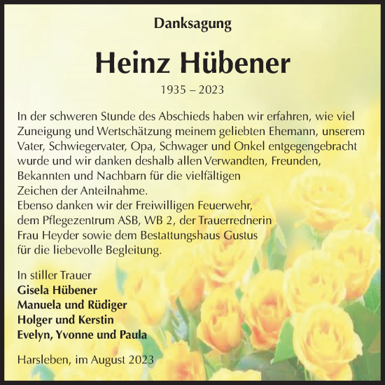 Traueranzeige von Heinz Hübener von Volksstimme Halberstadt