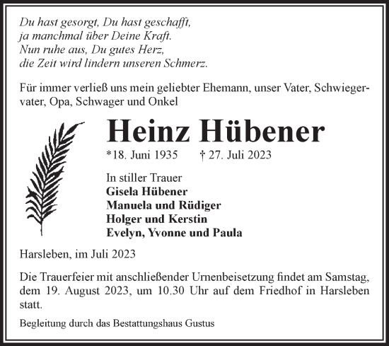 Traueranzeige von Heinz Hübener von Volksstimme Halberstadt