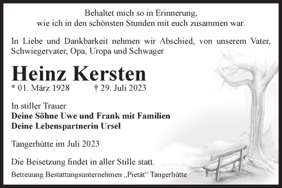 Traueranzeige von Heinz Kersten von Volksstimme Altmark Ost