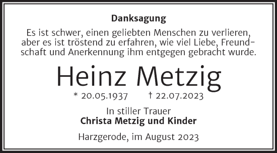 Traueranzeige von Heinz Metzig von Trauerkombi Quedlinburg