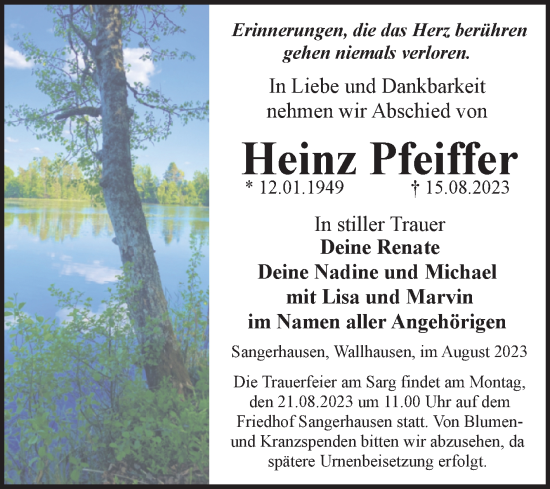 Traueranzeige von Heinz Pfeiffer von Mitteldeutsche Zeitung Sangerhausen