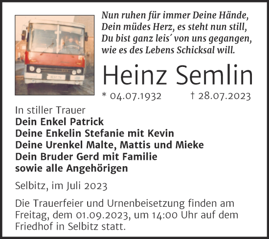 Traueranzeige von Heinz Semlin von Trauerkombi Wittenberg