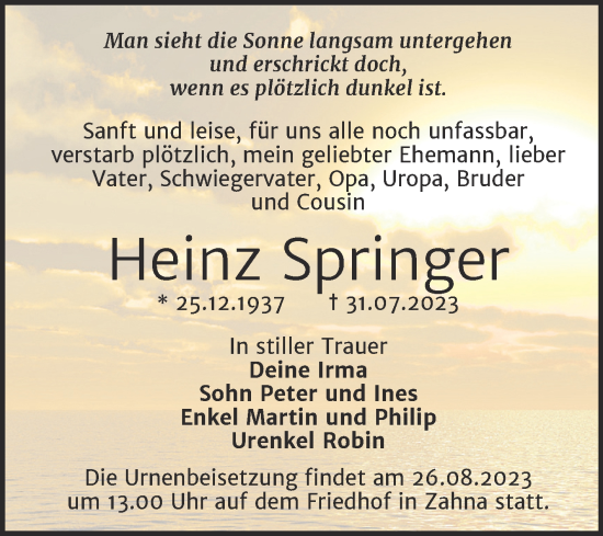 Traueranzeige von Heinz Springer von Trauerkombi Wittenberg