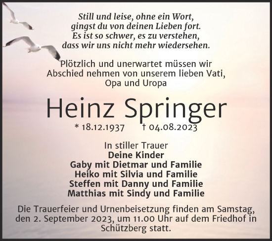 Traueranzeige von Heinz Springer von Trauerkombi Wittenberg