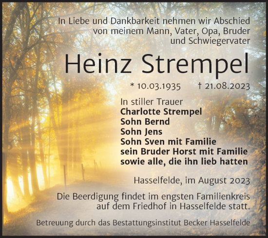 Traueranzeige von Heinz Strempel von Volksstimme Wernigerode