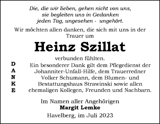 Traueranzeige von Heinz Szillat von Volksstimme Altmark Ost