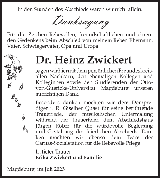 Traueranzeige von Heinz Zwickert von Volksstimme Magdeburg