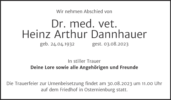 Traueranzeige von Heinz Arthur Dannhauer von Trauerkombi Köthen
