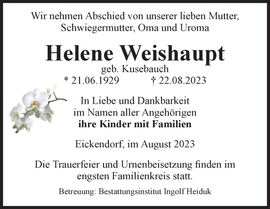 Traueranzeige von Helene Weishaupt von Volksstimme Schönebeck