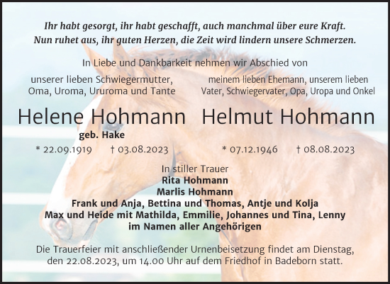 Traueranzeige von Helene und Helmut Hohmann von Trauerkombi Quedlinburg