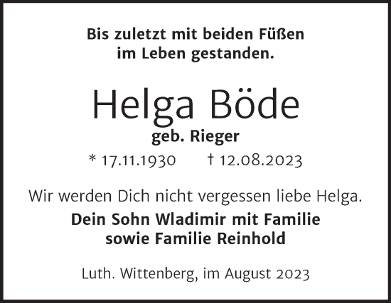 Traueranzeige von Helga Böde von Super Sonntag Wittenberg