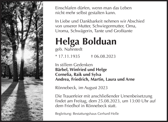 Traueranzeige von Helga Bolduan von Volksstimme Altmark Ost