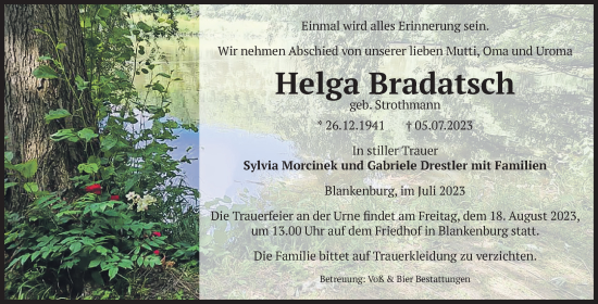 Traueranzeige von Helga Bradatsch von Volksstimme Wernigerode