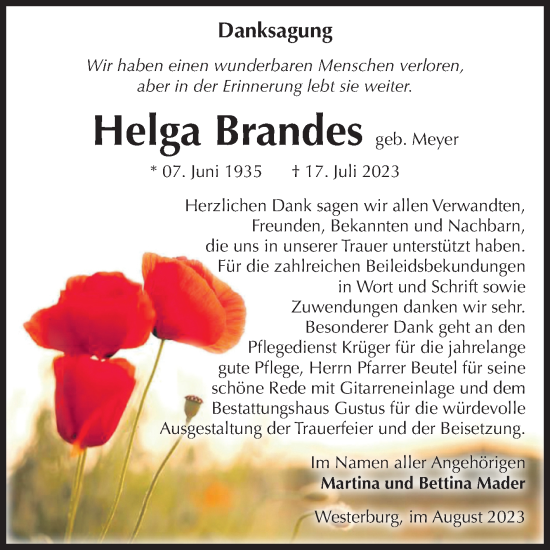 Traueranzeige von Helga Brandes von Volksstimme Halberstadt
