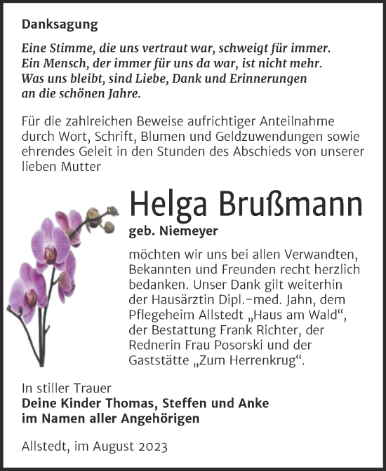Traueranzeige von Helga Brußmann von Trauerkombi Sangerhausen