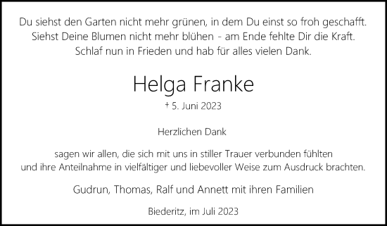 Traueranzeige von Helga Franke von Volksstimme Burg/Genthin