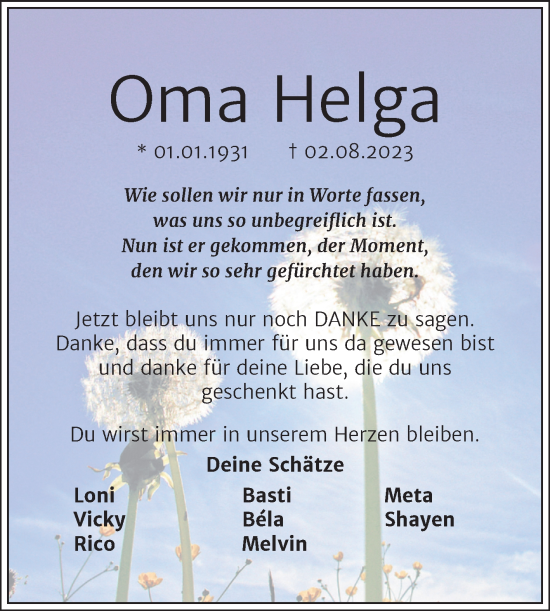 Traueranzeige von Helga Freitag von Trauerkombi Köthen