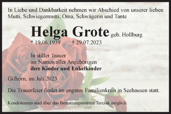 Traueranzeige von Helga Grote von Volksstimme Oschersleben/Wanzleben