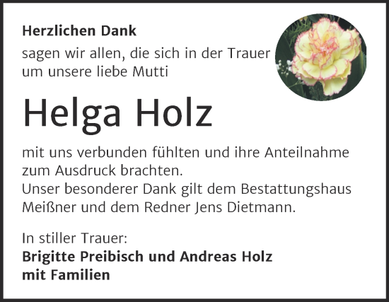 Traueranzeige von Helga Holz von Mitteldeutsche Zeitung Mansfelder Land