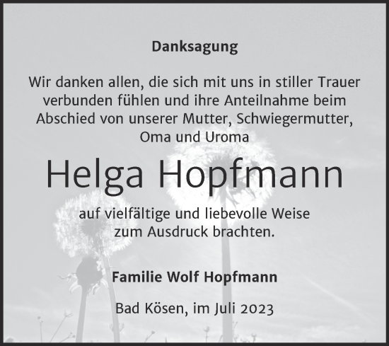 Traueranzeige von Helga Hopfmann von Wochenspiegel Naumburg/Nebra
