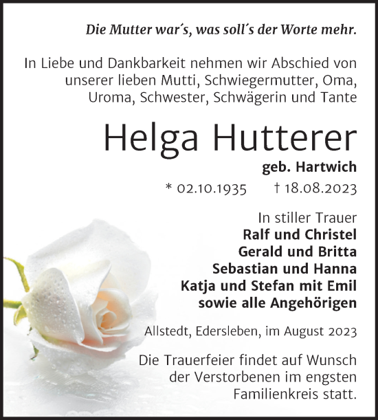 Traueranzeige von Helga Hutterer von Trauerkombi Sangerhausen