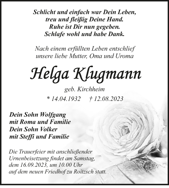 Traueranzeige von Helga Klugmann von Trauerkombi Bitterfeld