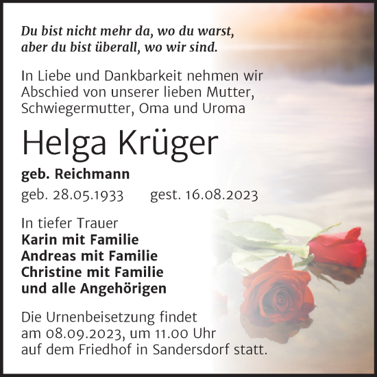 Traueranzeige von Helga Krüger von Trauerkombi Bitterfeld