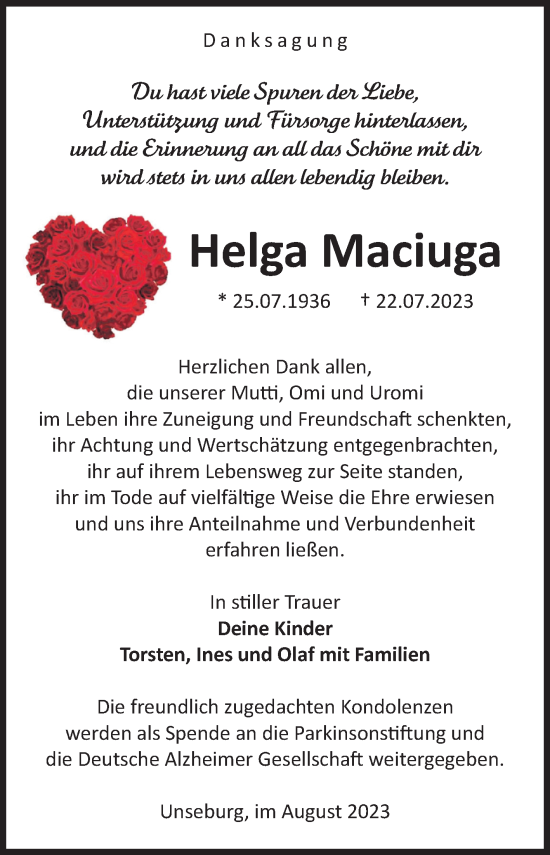 Traueranzeige von Helga Maciuga von Volksstimme Staßfurt