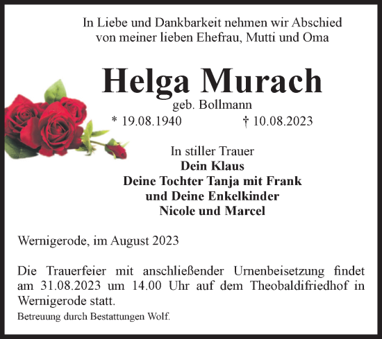 Traueranzeige von Helga Murach von Volksstimme Wernigerode