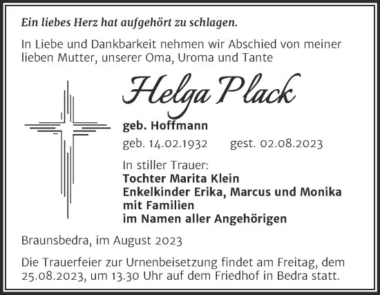 Traueranzeige von Helga Plack von Trauerkombi Merseburg