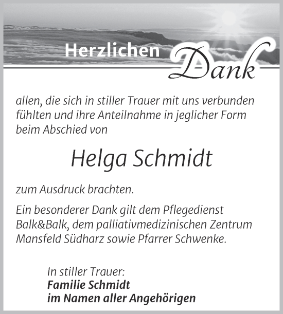 Traueranzeige von Helga Schmidt von Trauerkombi Mansfelder Land