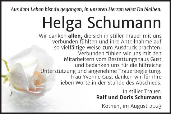 Traueranzeige von Helga Schumann von Trauerkombi Köthen