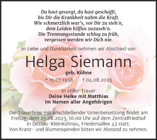 Traueranzeige von Helga Siemann von Trauerkombi Dessau