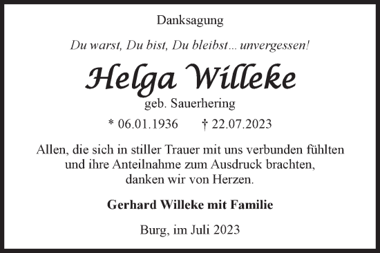 Traueranzeige von Helga Willeke von Volksstimme Burg/Genthin
