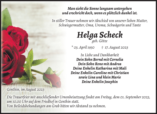 Traueranzeige von Helga Scheck Scheck von Volksstimme Burg/Genthin