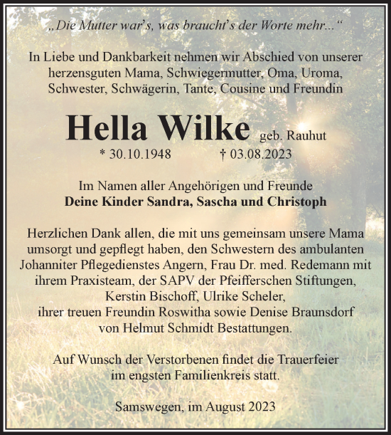 Traueranzeige von Hella Wilke von Volksstimme Haldensleben/Wolmirstedt