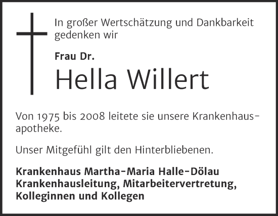 Traueranzeige von Hella Willert von Mitteldeutsche Zeitung Halle/Saalkreis