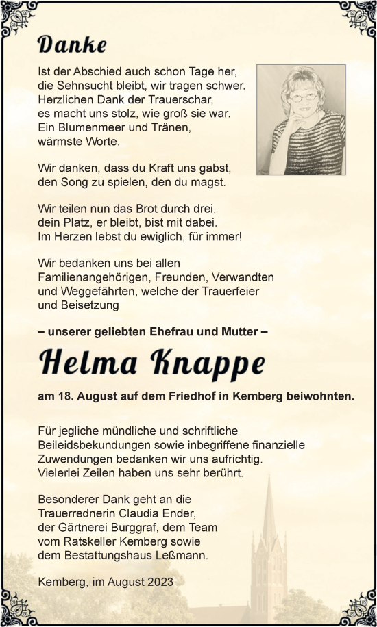 Traueranzeige von Helma Knappe von Trauerkombi Wittenberg