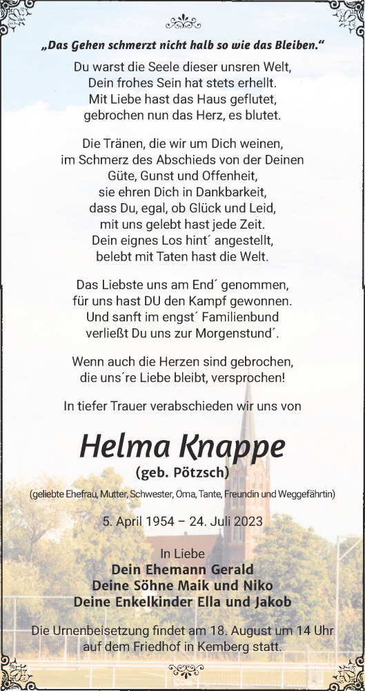Traueranzeige von Helma Knappe von Trauerkombi Wittenberg