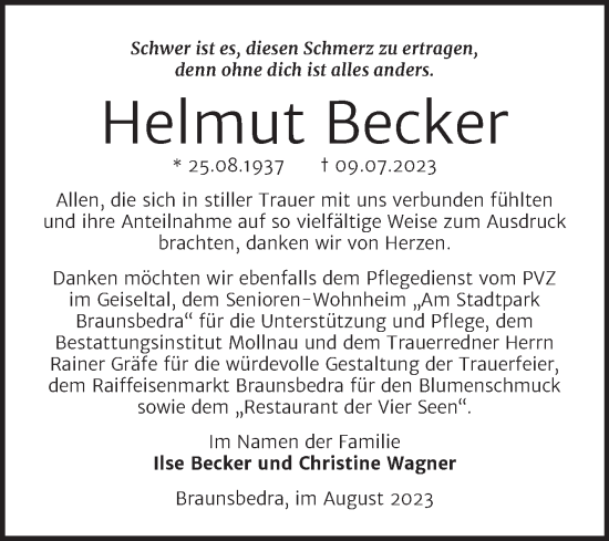 Traueranzeige von Helmut Becker von Trauerkombi Merseburg