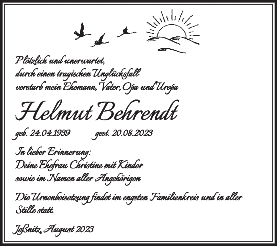 Traueranzeige von Helmut Behrendt von Trauerkombi Bitterfeld