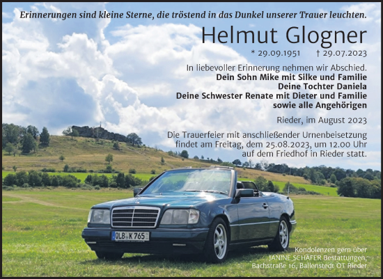 Traueranzeige von Helmut Glogner von Trauerkombi Quedlinburg